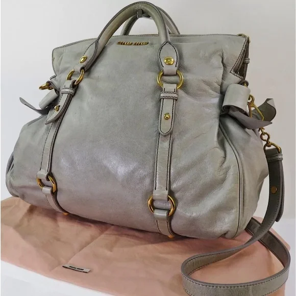 SOLD!!  MIU MIU Bow Bag Grey Leather Large 2-Way Shoulder Bag Crossbody Authen - Picture 13 of 13